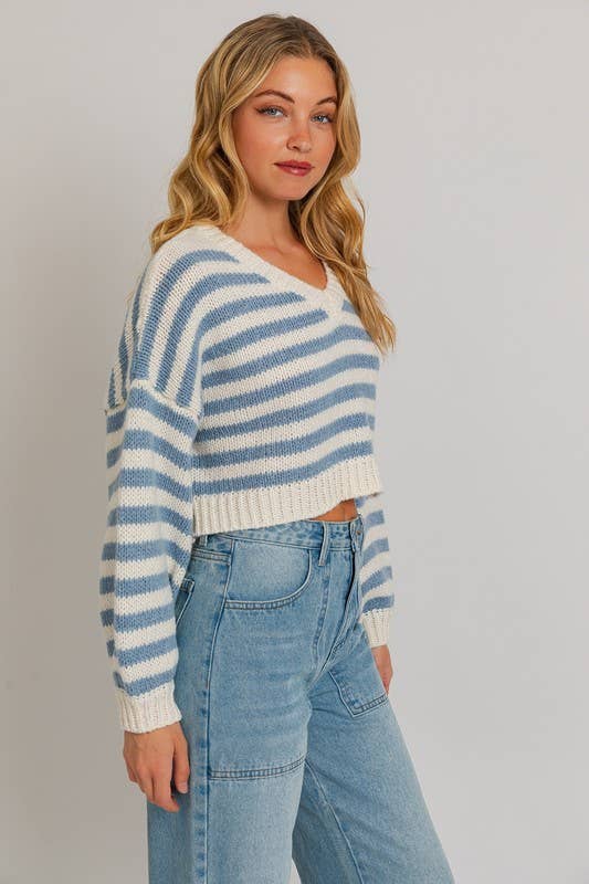 Long Sleeve V-Neck Striped Cropped Sweater