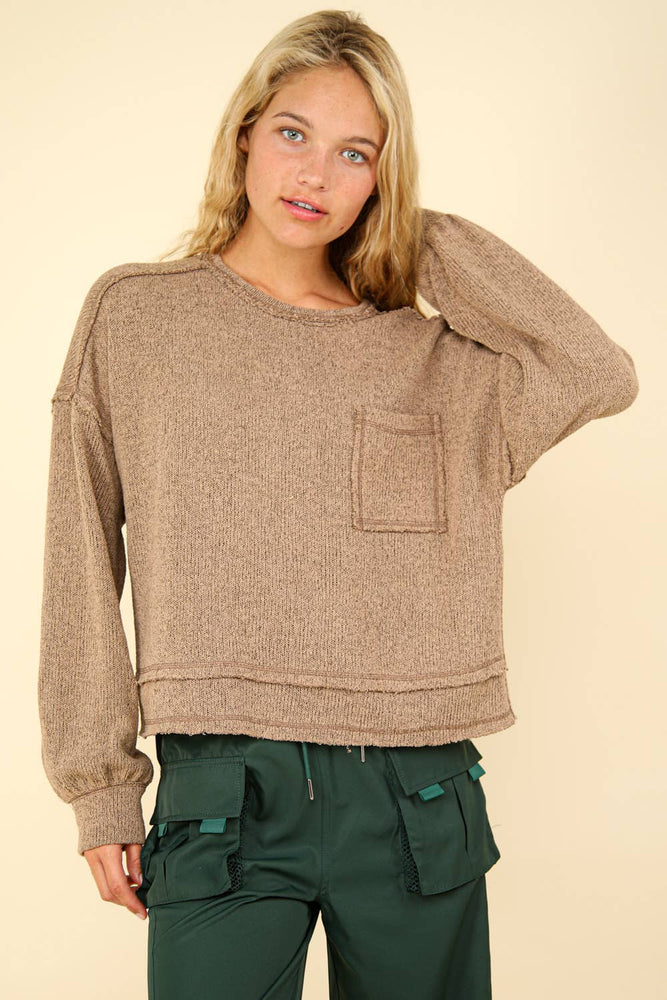 Raw Edge Casual Knit Top Mocha