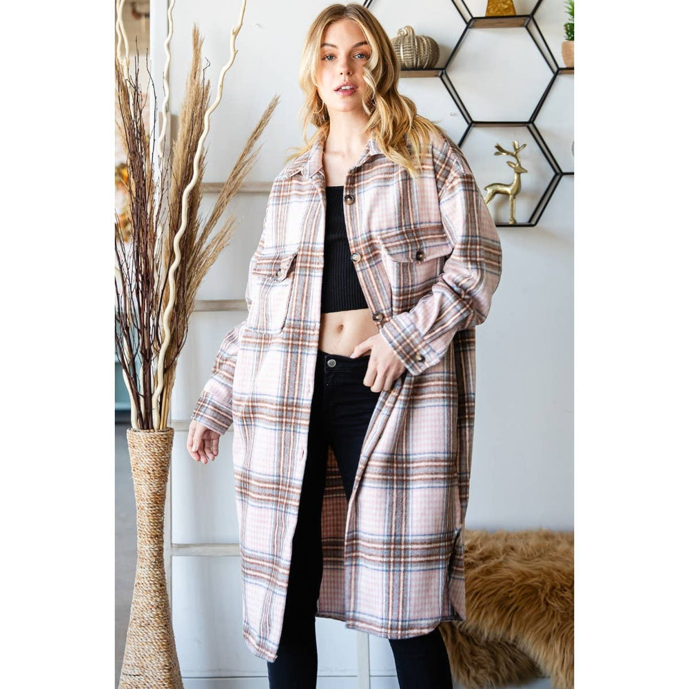 Wool Mix Plaid Longline Shacket Pink