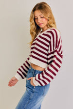 Long Sleeve V-Neck Striped Cropped Sweater