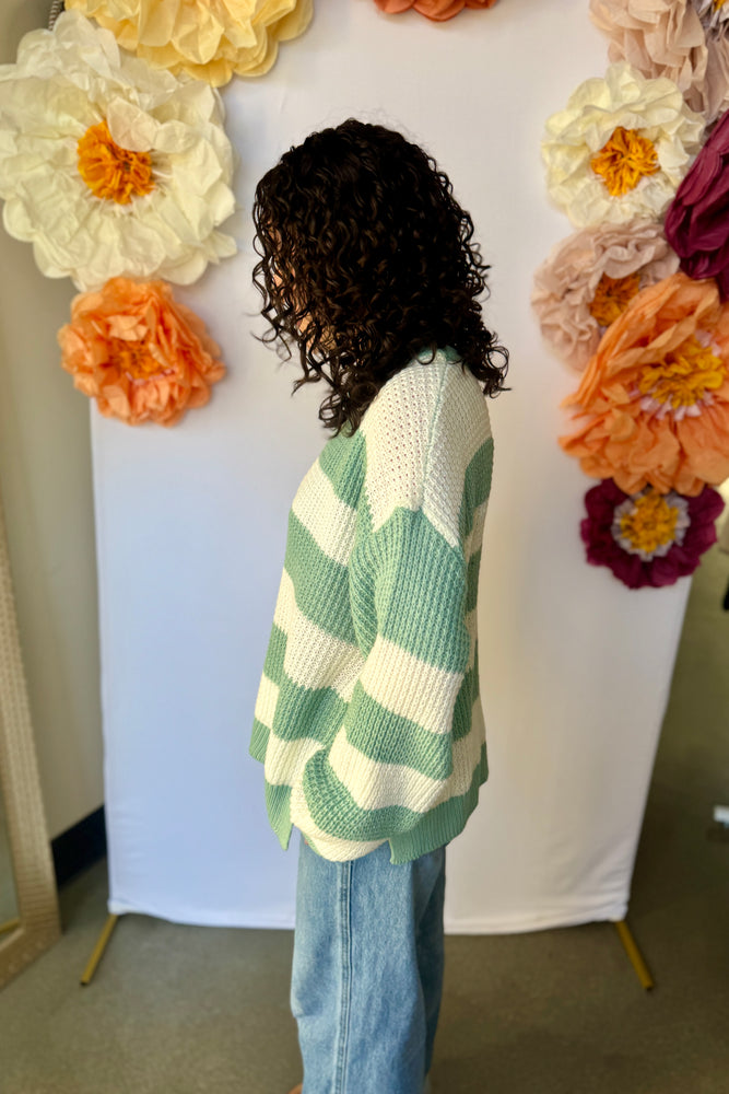 Striped Long Sleeve Sweater Teal and White