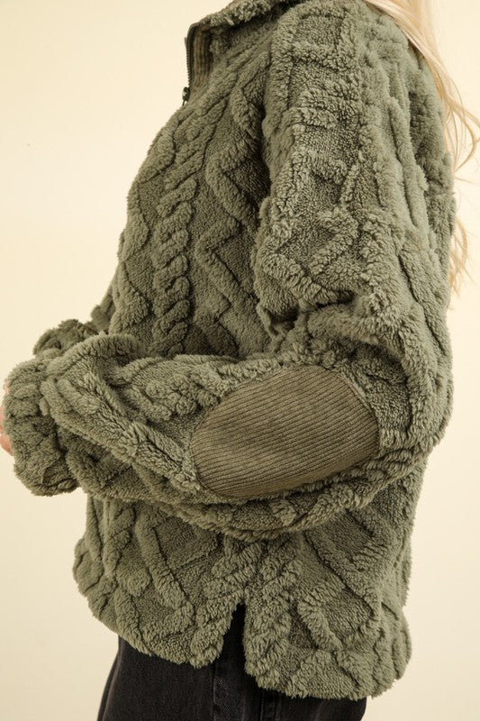 Fuzzy Fleece Cable Pattern Half Zip Top Olive