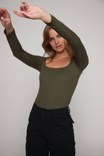 Square Neck Long Sleeve Ribbed Crop Top Olive