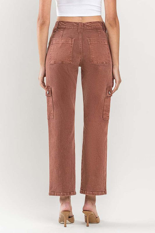 High Rise Straight Leg Cargo Jeans Brick Red