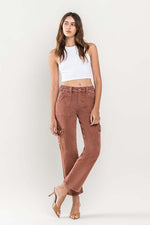 High Rise Straight Leg Cargo Jeans Brick Red