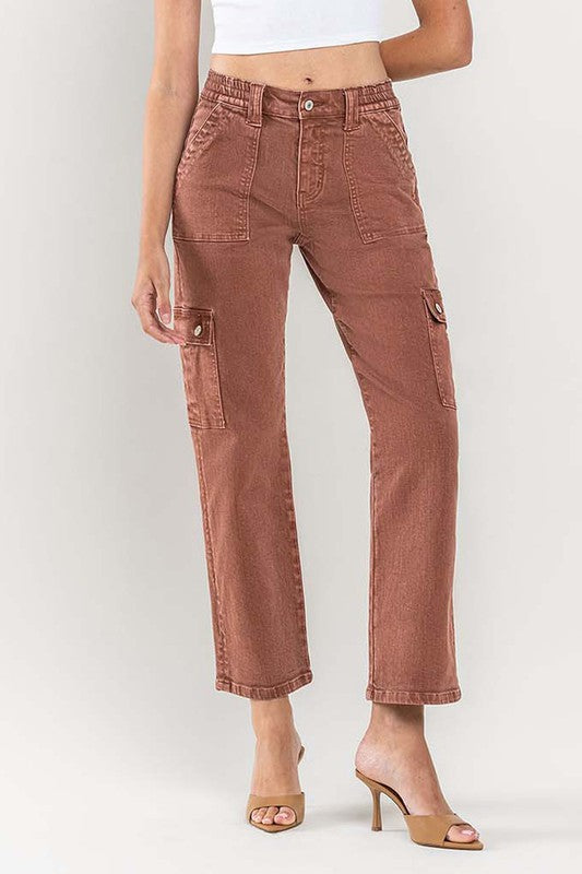 High Rise Straight Leg Cargo Jeans Brick Red