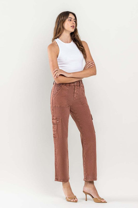 High Rise Straight Leg Cargo Jeans Brick Red