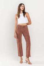 High Rise Straight Leg Cargo Jeans Brick Red