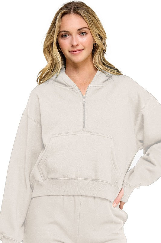 Fleece Half Zip Up Hoodie Beige