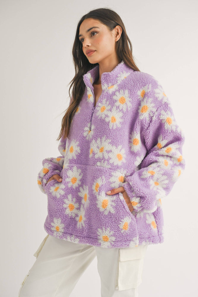 Oversized Daisy Print Sherpa Pullover