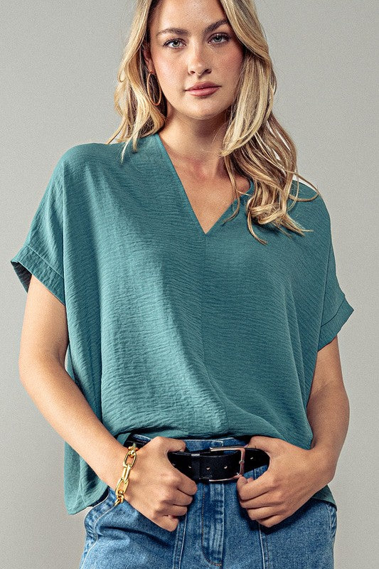 Oversized V-Neck Mia Top Forest Green