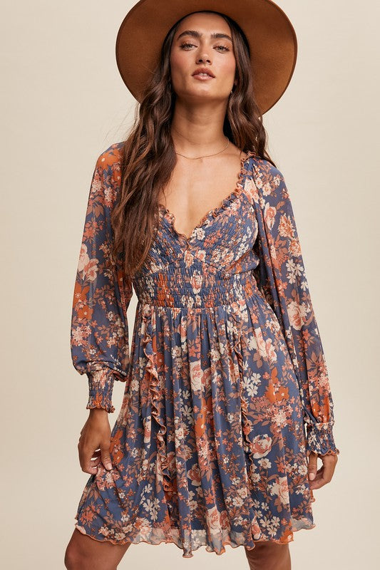 Floral Print Smocked Long Sleeve Dress