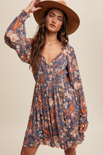 Floral Print Smocked Long Sleeve Dress