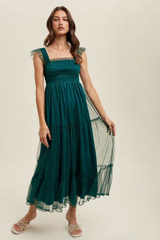 Green Organza Tiered Midi Dress