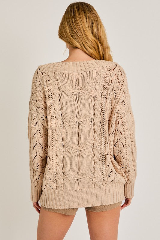 Boat Neck Cable Knit Sweater Beige