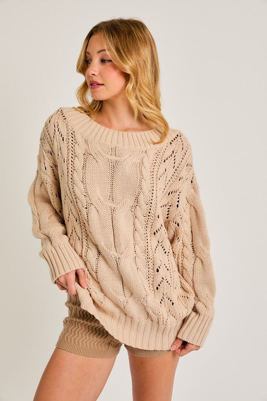 Boat Neck Cable Knit Sweater Beige