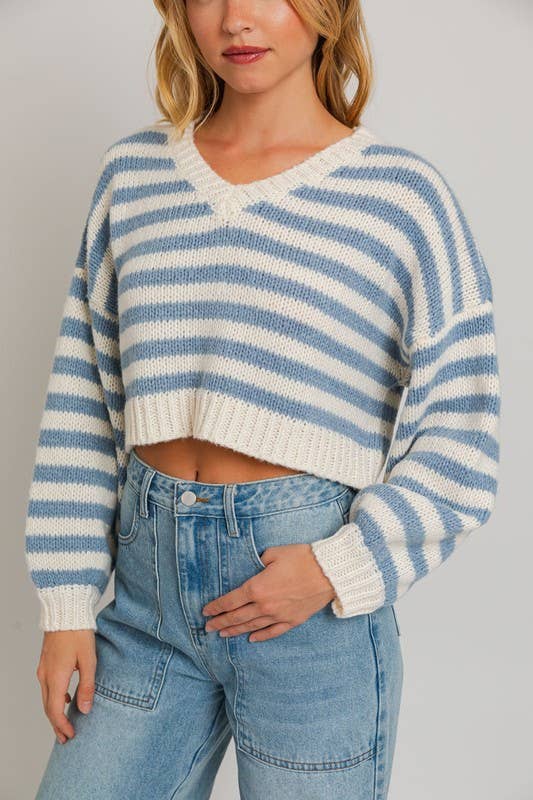 Long Sleeve V-Neck Striped Cropped Sweater