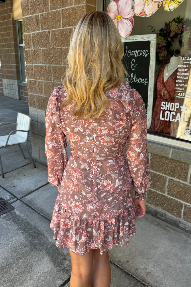 Twist Front Mini Dress Brown and Pink Floral