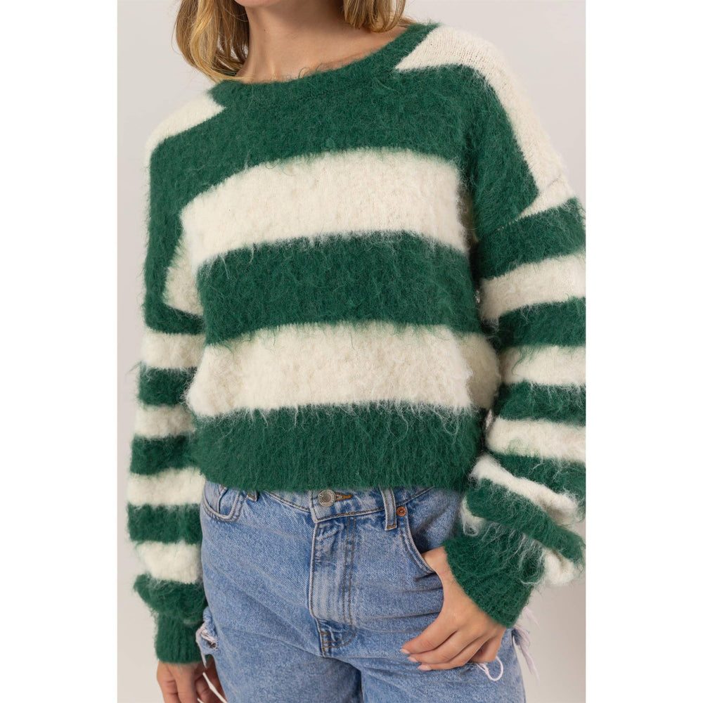 Green Striped Wool Blend Cropped Sweater