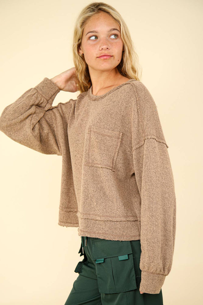 Raw Edge Casual Knit Top Mocha