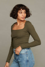 Square Neck Long Sleeve Ribbed Crop Top Olive