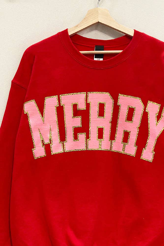 Merry Glitter Holiday Sweatshirt Red and Pink