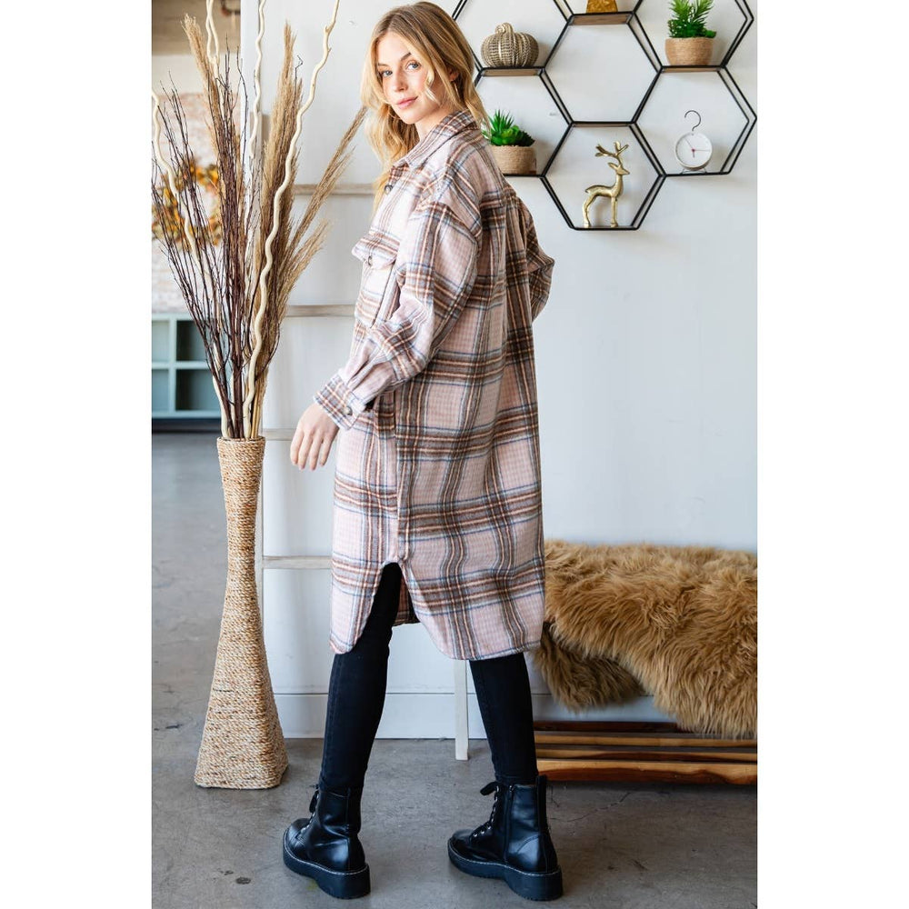 Wool Mix Plaid Longline Shacket Pink