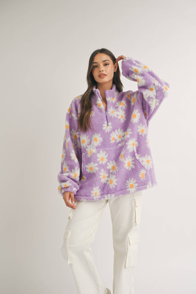 Oversized Daisy Print Sherpa Pullover