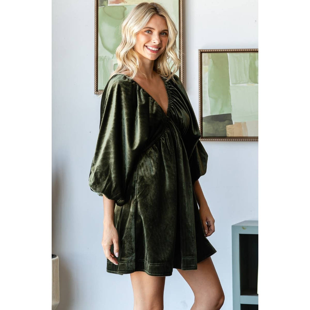 Velvet Puff Sleeve Mini Dress Olive