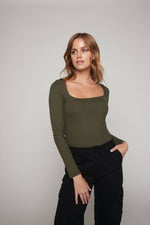 Square Neck Long Sleeve Ribbed Crop Top Olive