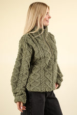 Fuzzy Fleece Cable Pattern Half Zip Top Olive