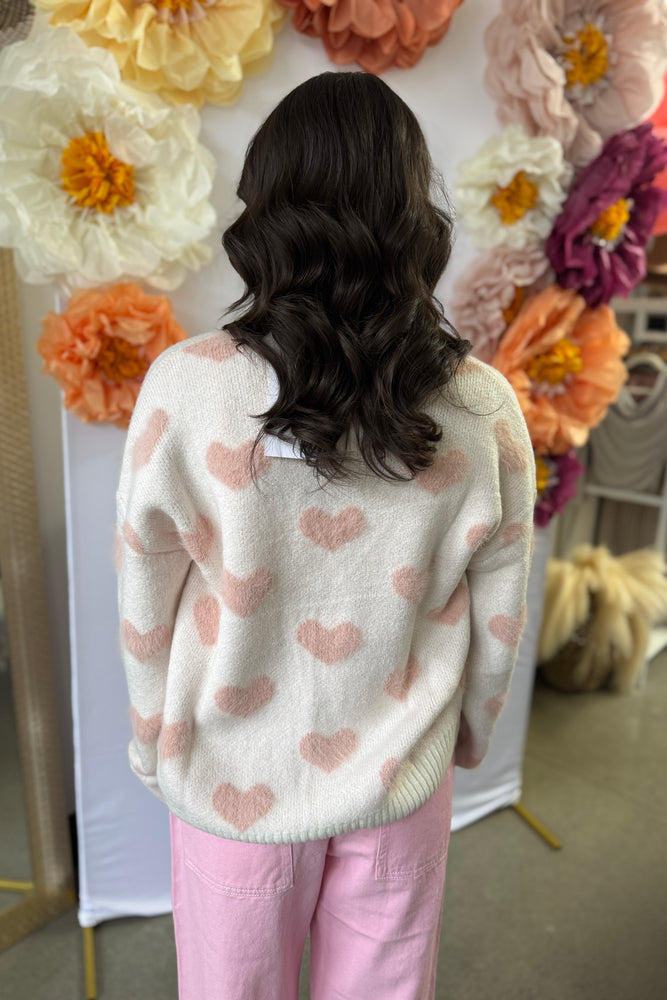 Heart Print Fuzzy Button Front Cardigan