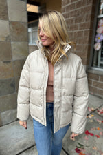 Beige Faux Leather Puffer Jacket