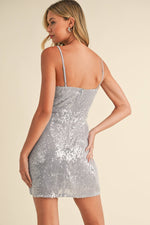 Lace Detail Cowl Neck Sequin Mini Dress