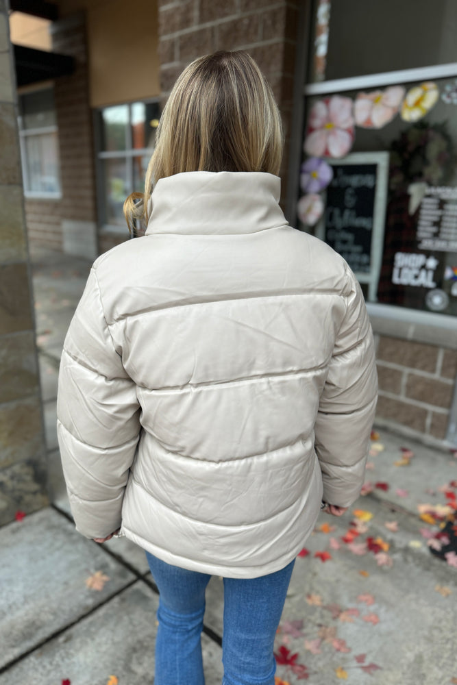 Beige Faux Leather Puffer Jacket