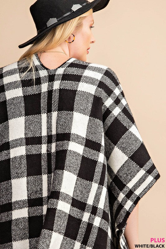 Plus Plaid Poncho White and Black