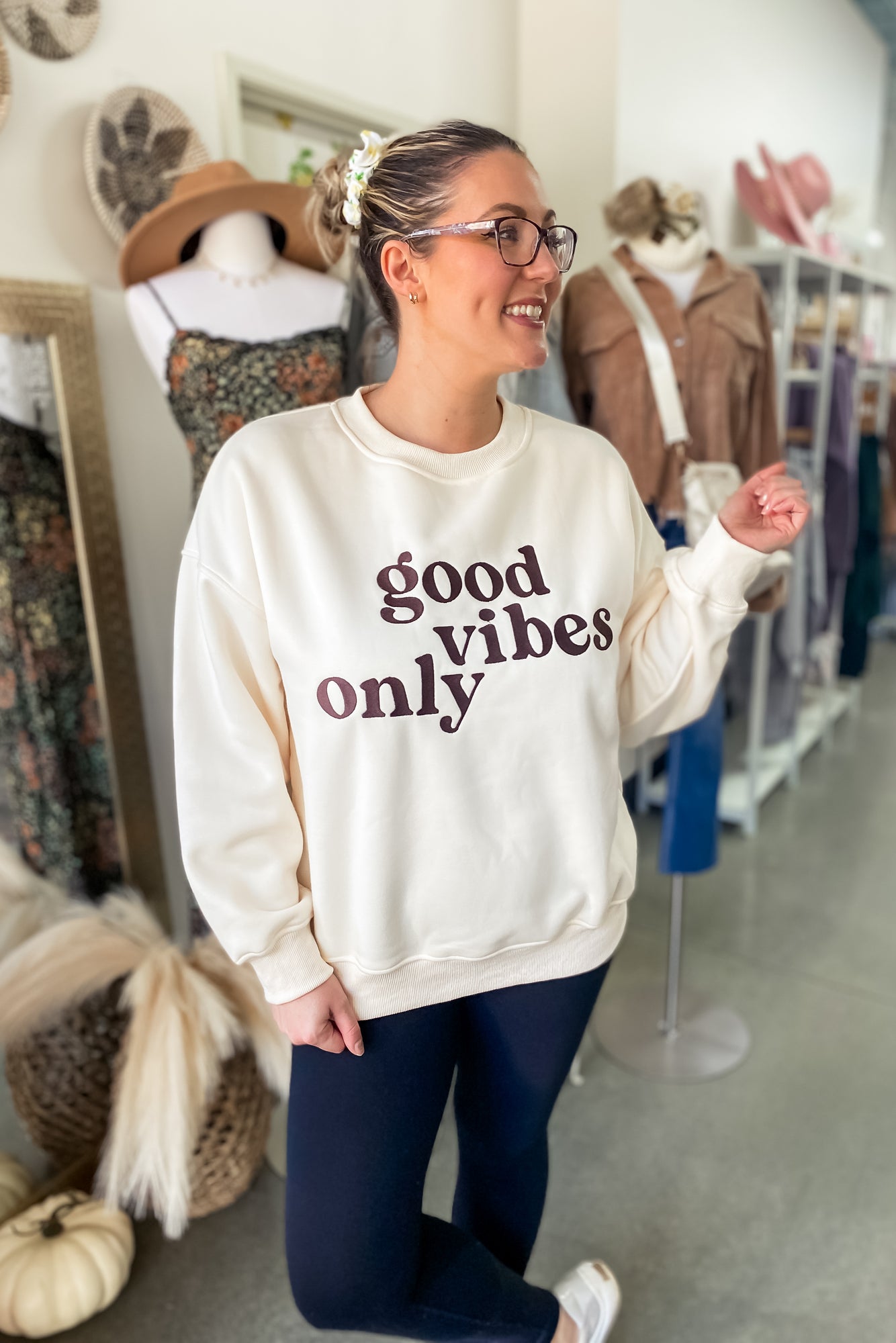 Cream Good Vibes Only Embroidered Sweatshirt