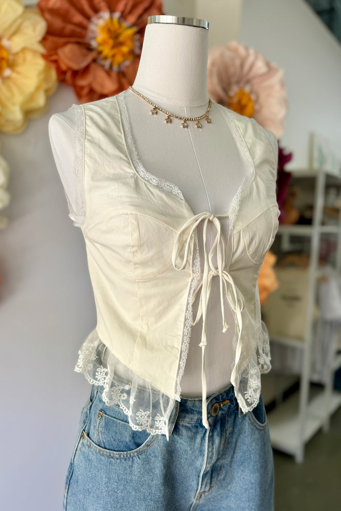Lacy Sleeveless Tie Front Top Ivory