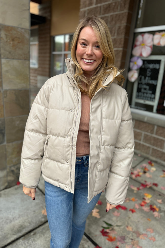 Beige Faux Leather Puffer Jacket