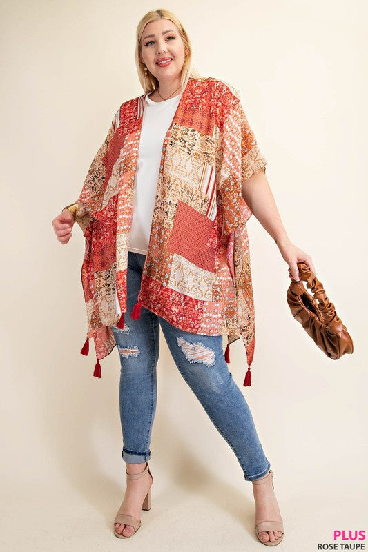 Plus Patchwork Printed Shawl with Tassels