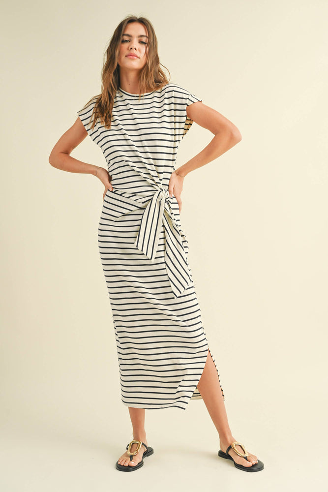 Stripe Knot Detail Maxi Dress White and Navy