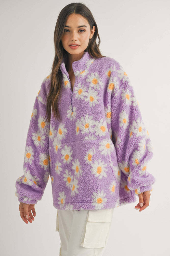 Oversized Daisy Print Sherpa Pullover