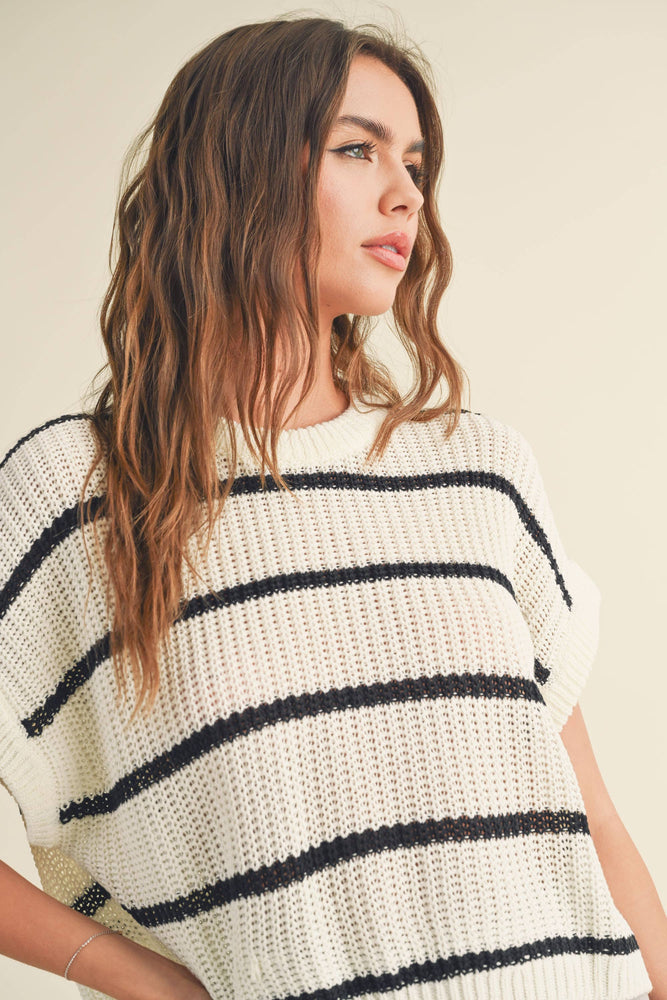 Dolman Sleeve Knitted Top White with Black Stripes