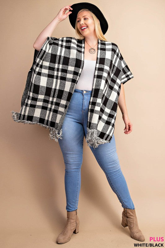 Plus Plaid Poncho White and Black