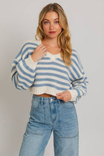 Long Sleeve V-Neck Striped Cropped Sweater