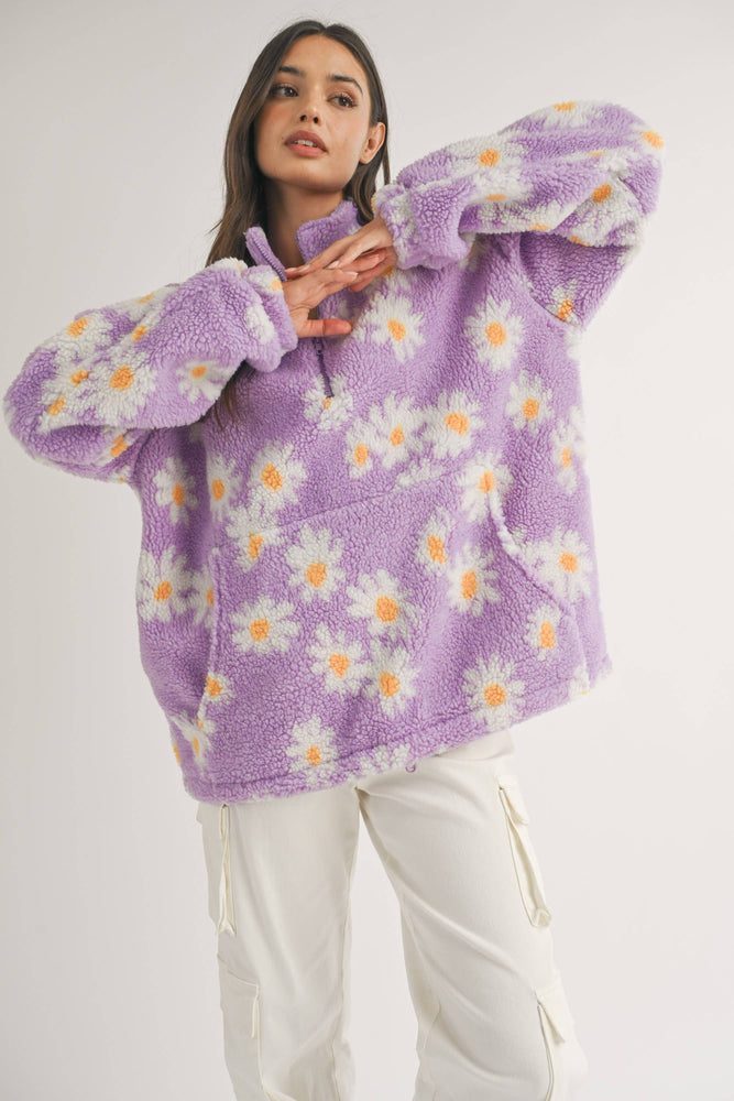 Oversized Daisy Print Sherpa Pullover