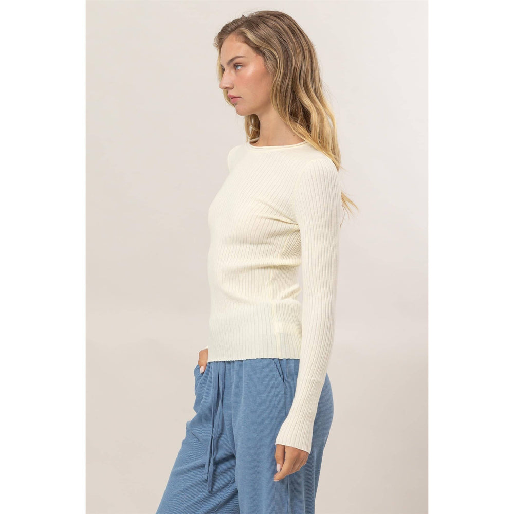 Ribbed Long Sleeve Knit Top Cream