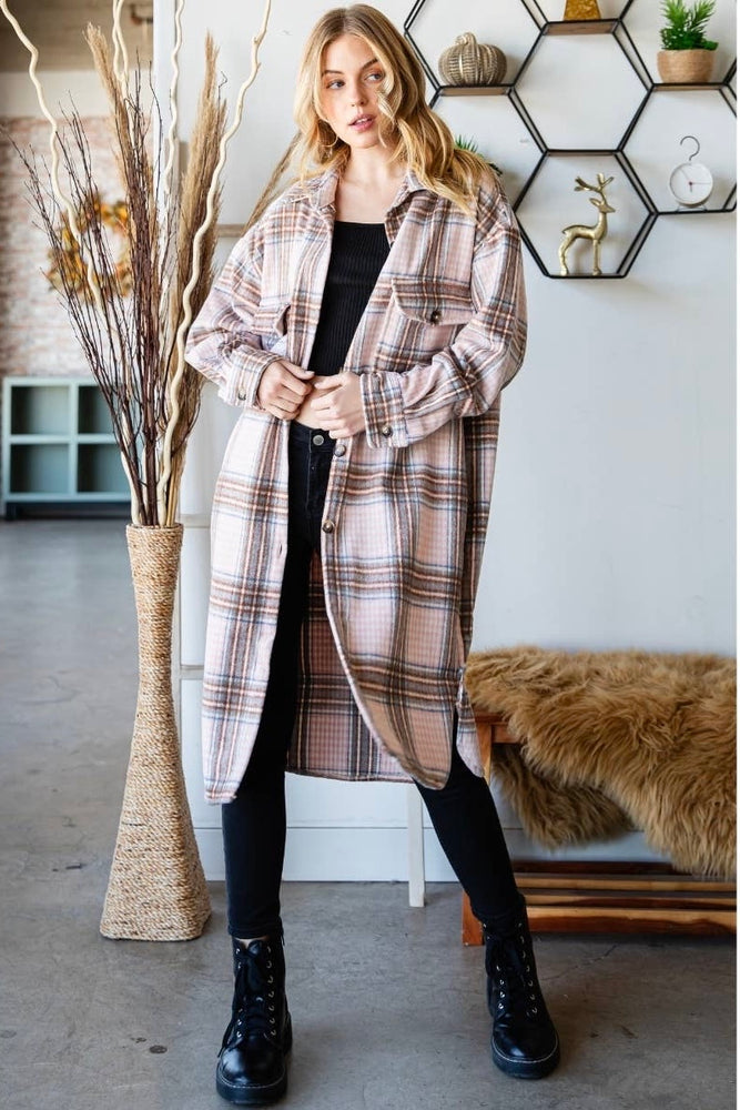 Wool Mix Plaid Longline Shacket Pink