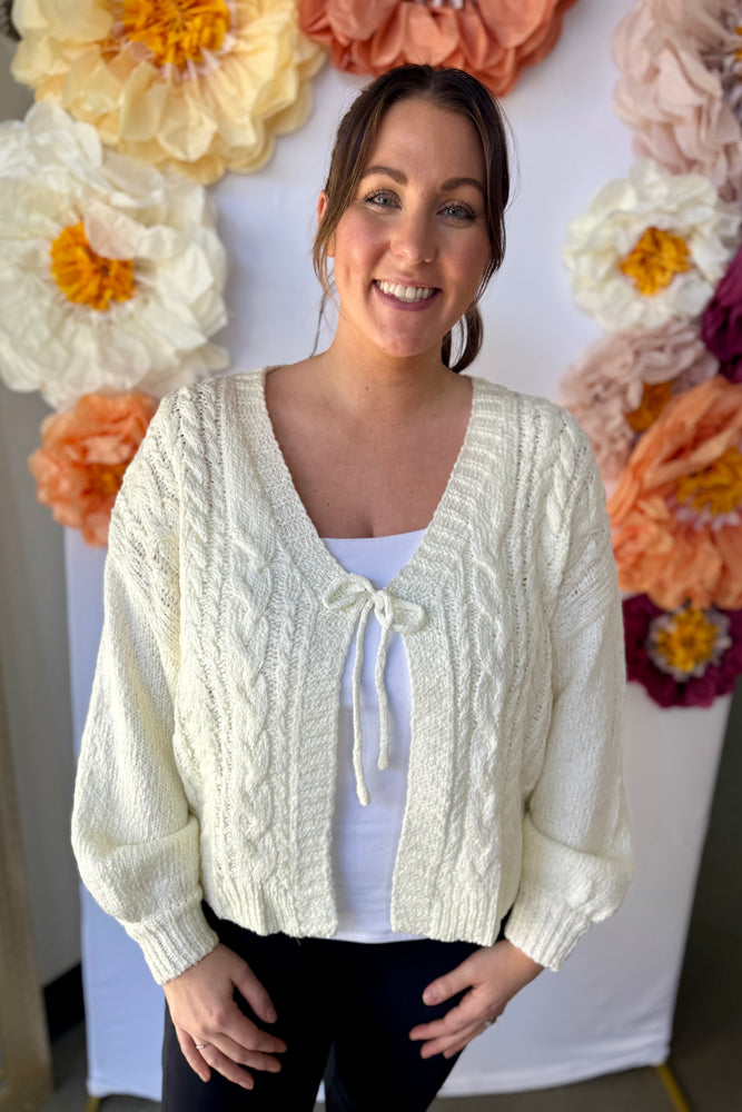 Front Tie Cable Knit Cardigan Cream