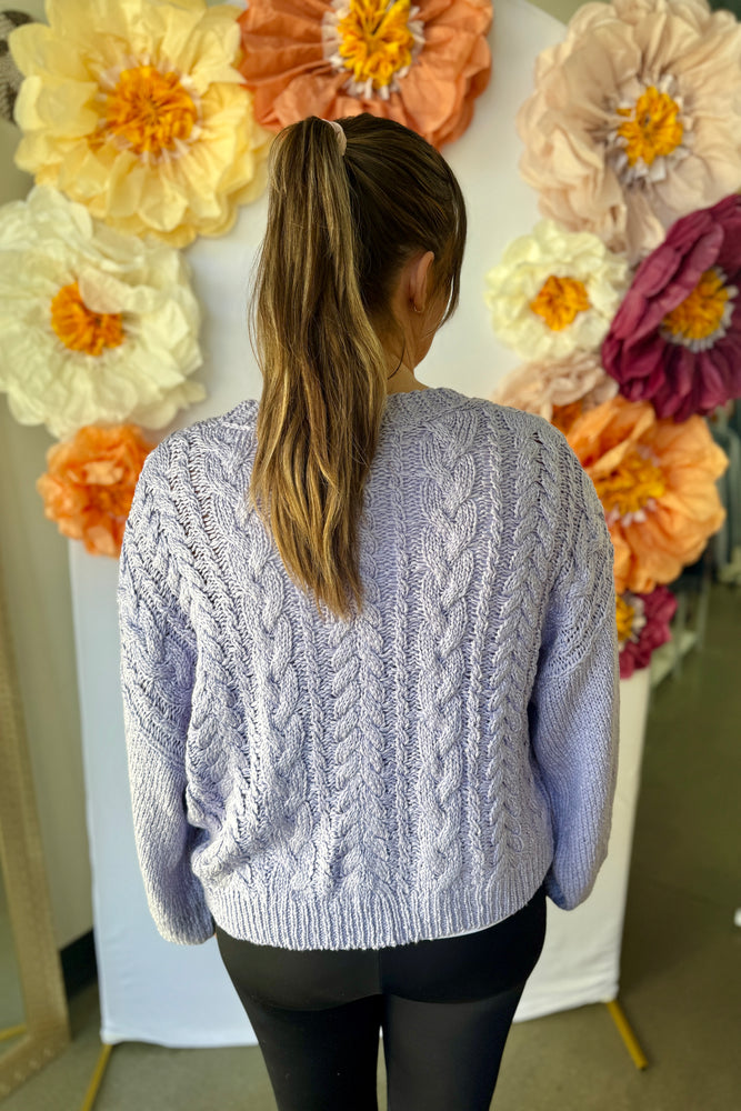 Front Tie Cable Knit Cardigan Lavender